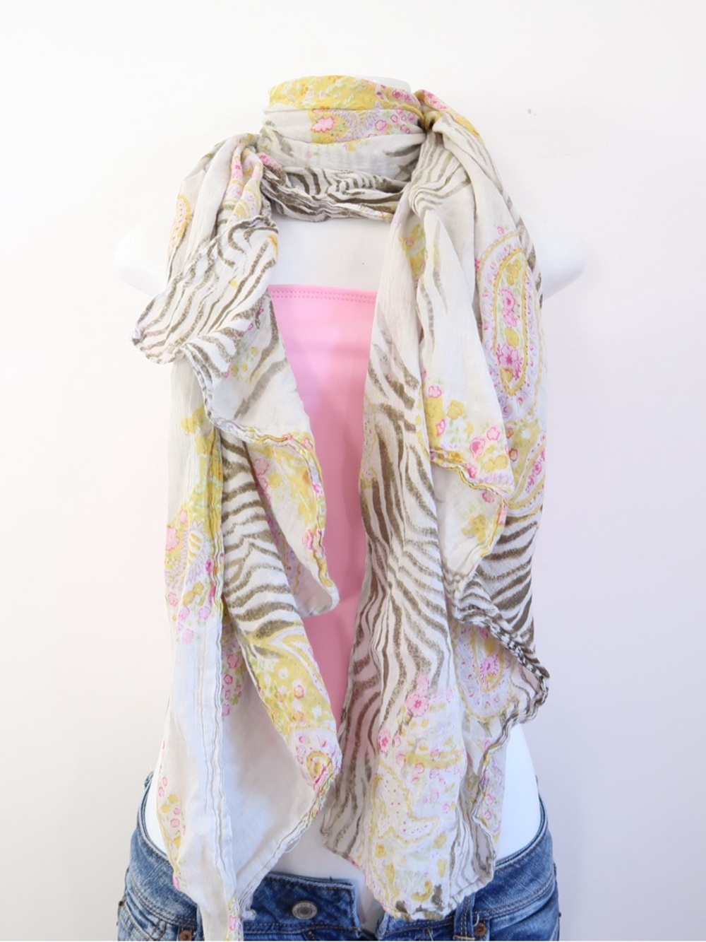 Light Floral Zebra Print Scarf - Pink & Yellow